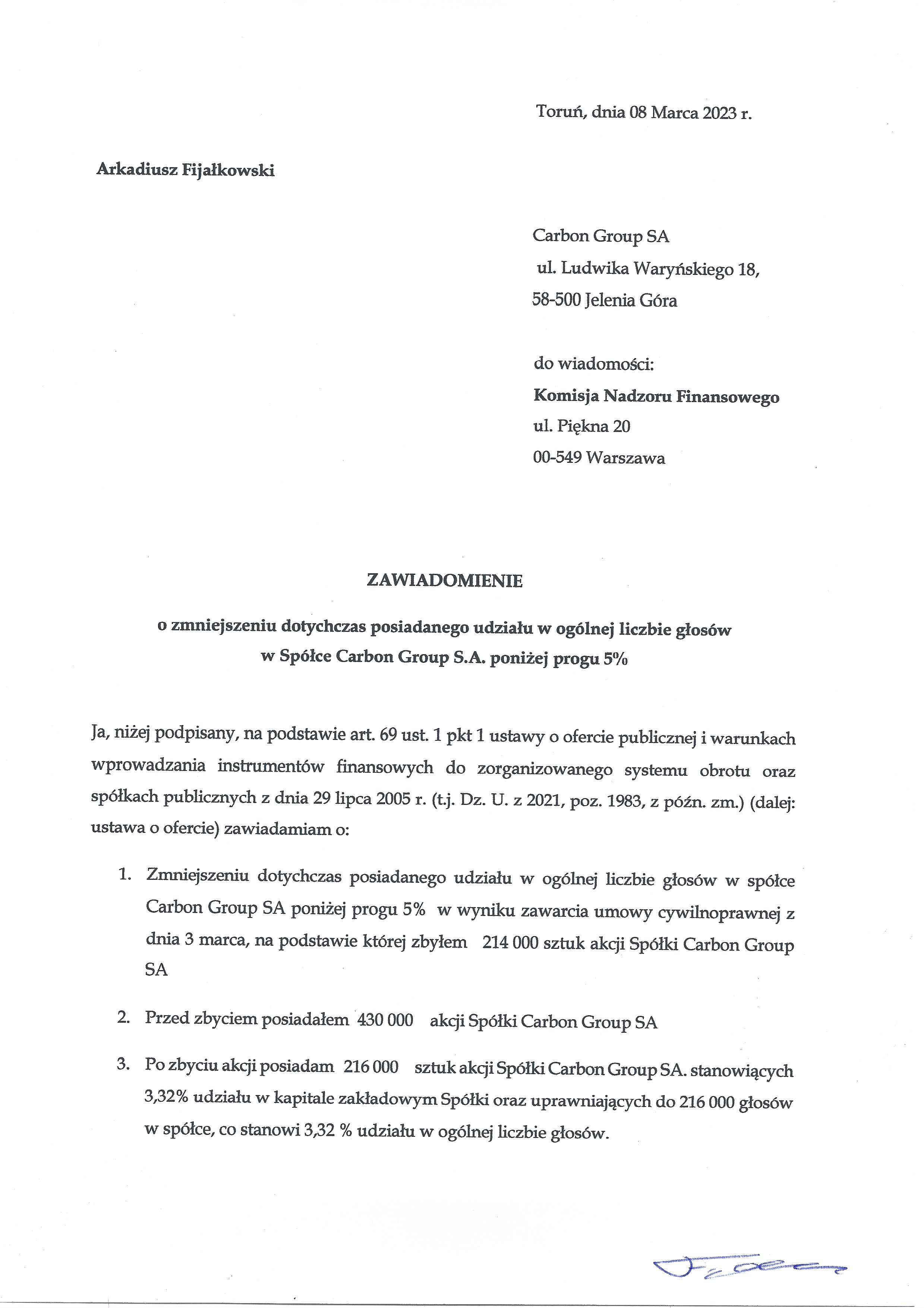 ELEKTROMONT S.A.: Otrzymanie zawiadomienia w trybie art. 69 ust.1